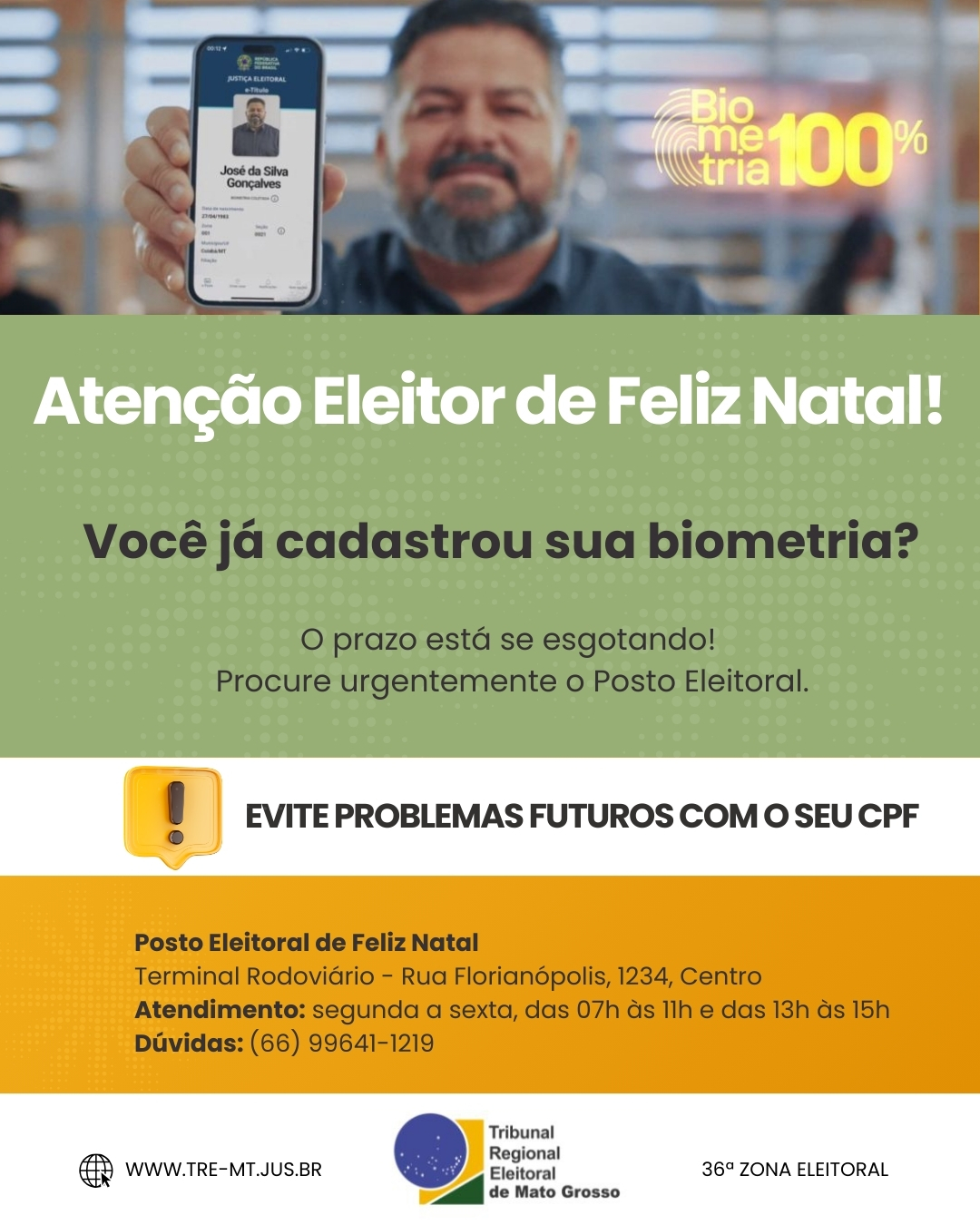 BIOMETRIA 100% – Eleitores de Feliz Natal devem cadastrar biometria para evitar problemas futuros