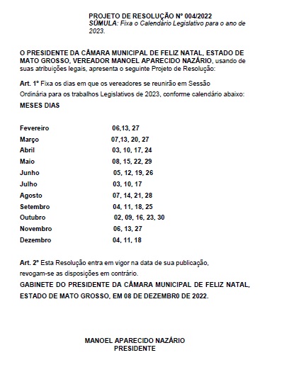 Calendário das Sessões