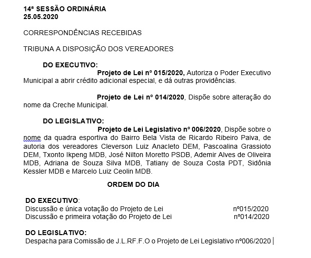 Pauta da 14ª Sessão Ordinária