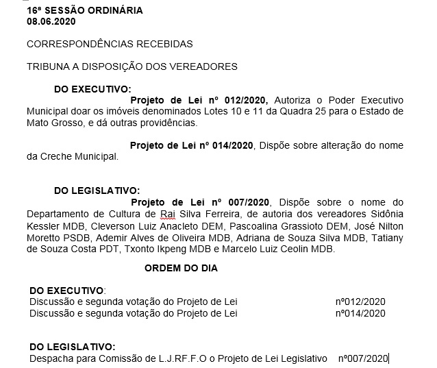 Pauta da 16ª Sessão Ordinária