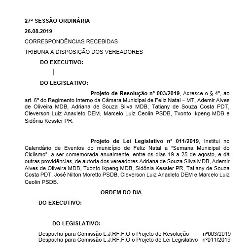 Pauta da 26ª Sessão Ordinária